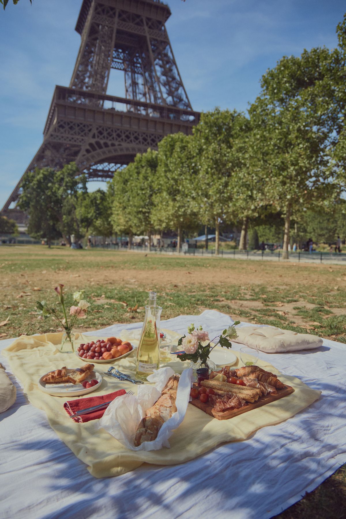 Floral picnic set beneath the Eiffel Tower